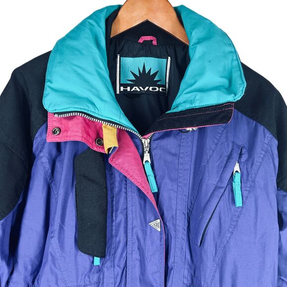 HAVOC Ski Jacket Colorblock Womens 14 Purple Black Teal 90's Zip Pockets - Picture 2 of 12